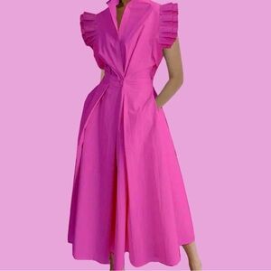 Elegant Pink Ruffle Sleeve Midi Dress